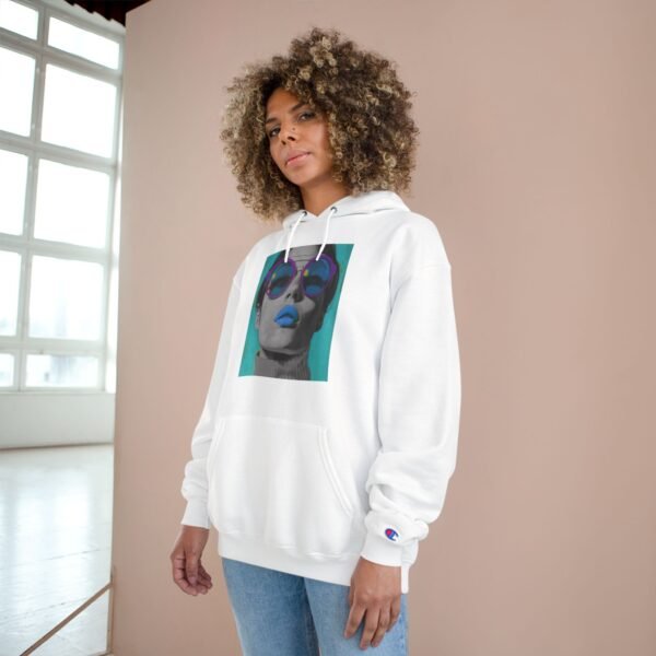Pop Art Champion Hoodie with Quirky Woman Illustration, Colorful Modern Design, Art Enthusiasts Gift, Casual Wear Statement Piece, Art - Image 4