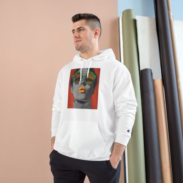 Pop Art Woman Illustration Champion Hoodie, Bold Quirky Fashion Sweatshirt, Unique Artistic Hoodie, Playful Modern Outfit, Art Enthusiasts - Image 3