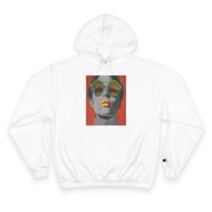 Pop Art Woman Illustration Champion Hoodie, Bold Quirky Fashion Sweatshirt, Unique Artistic Hoodie, Playful Modern Outfit, Art Enthusiasts
