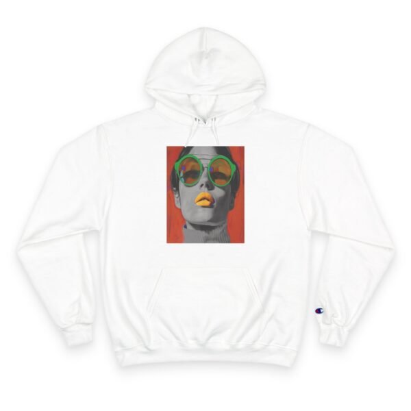 Pop Art Woman Illustration Champion Hoodie, Bold Quirky Fashion Sweatshirt, Unique Artistic Hoodie, Playful Modern Outfit, Art Enthusiasts