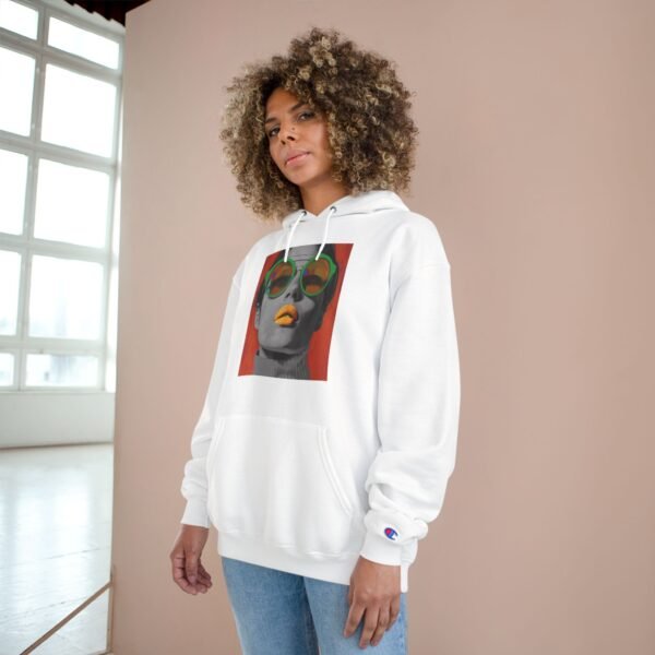 Pop Art Woman Illustration Champion Hoodie, Bold Quirky Fashion Sweatshirt, Unique Artistic Hoodie, Playful Modern Outfit, Art Enthusiasts - Image 4