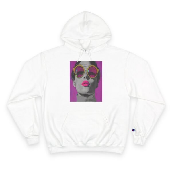 Pop Art Champion Hoodie, Quirky Woman Illustration, Contemporary Artwear, Colorful Design, Casual or Event Wear, Art Enthusiasts Gift, Art