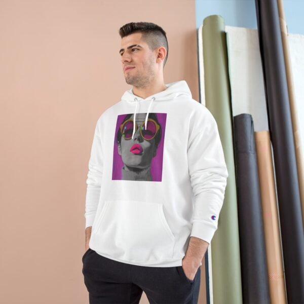 Pop Art Champion Hoodie, Quirky Woman Illustration, Contemporary Artwear, Colorful Design, Casual or Event Wear, Art Enthusiasts Gift, Art - Image 3