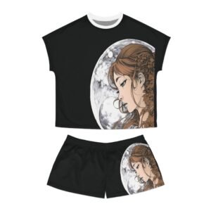 Anime Woman Moon Short Pajama Set, Pajamas Sleepwear Set, Nightwear Gift, Lunar Pjs, Full Moon PJ's, Lounge Wear