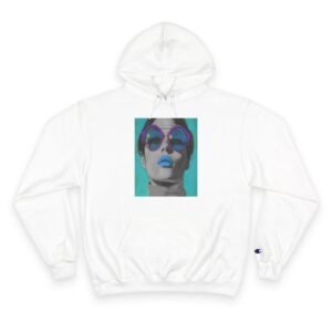 Pop Art Champion Hoodie with Quirky Woman Illustration, Colorful Modern Design, Art Enthusiasts Gift, Casual Wear Statement Piece, Art