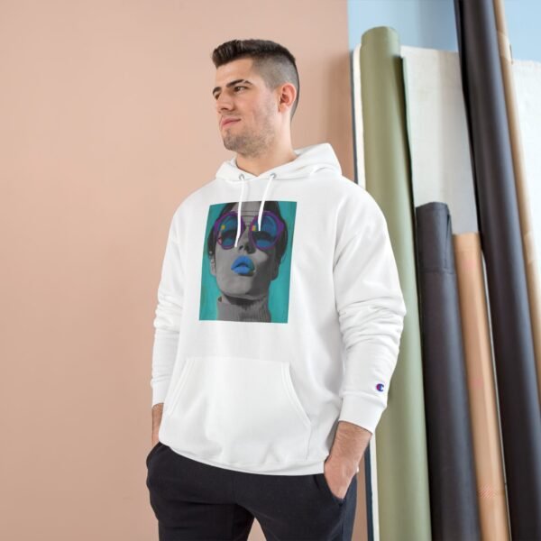 Pop Art Champion Hoodie with Quirky Woman Illustration, Colorful Modern Design, Art Enthusiasts Gift, Casual Wear Statement Piece, Art - Image 3