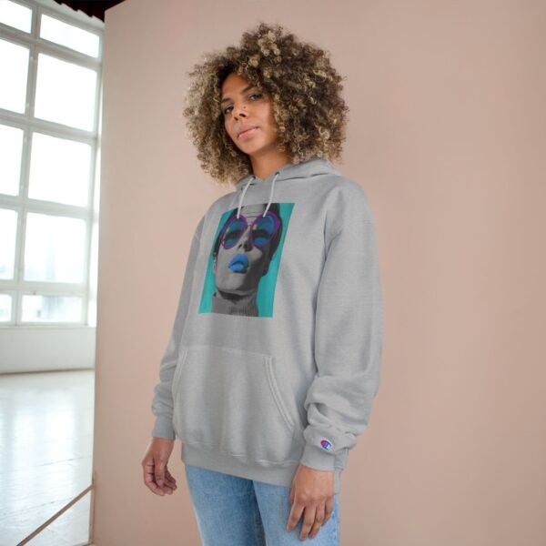 Pop Art Champion Hoodie with Quirky Woman Illustration, Colorful Modern Design, Art Enthusiasts Gift, Casual Wear Statement Piece, Art - Image 8