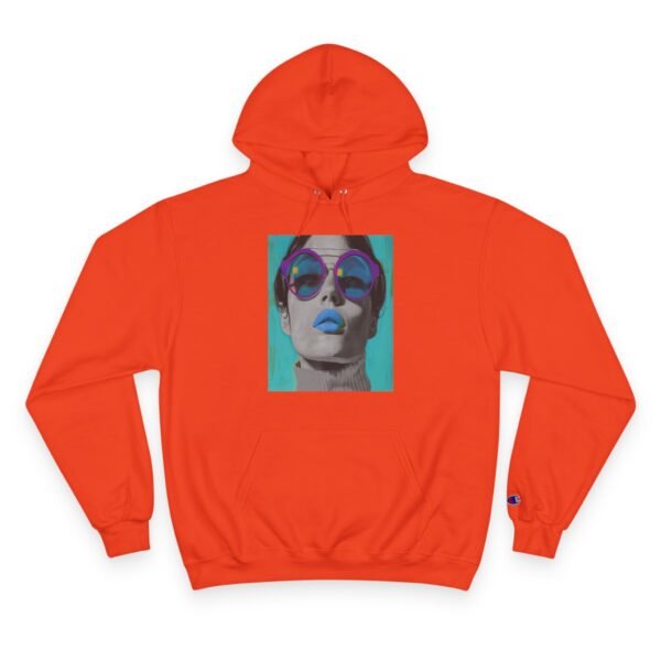 Pop Art Champion Hoodie with Quirky Woman Illustration, Colorful Modern Design, Art Enthusiasts Gift, Casual Wear Statement Piece, Art - Image 9