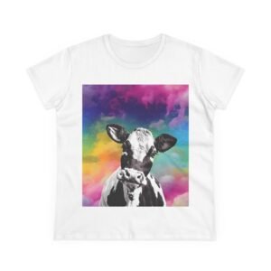 T-Shirt - Playful Cow with Psychedelic Colors - Women's Midweight Cotton Tee